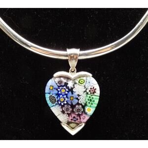 Vintage 925 Millefiori Heart Pendant Necklace Sterling Italy Glass Alan K Signed